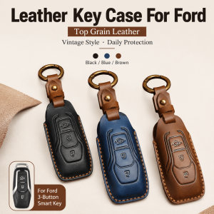 Leather Car Key Case for Ford Figo Mondeo Fiesta Ranger Kuga Fusion F150 3-Button Smart Remote Fob Cover