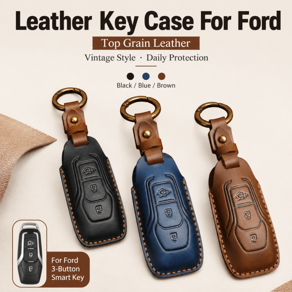 Leather Car Key Case for Ford Figo Mondeo Fiesta Ranger Kuga Fusion F150 3-Button Smart Remote Fob Cover