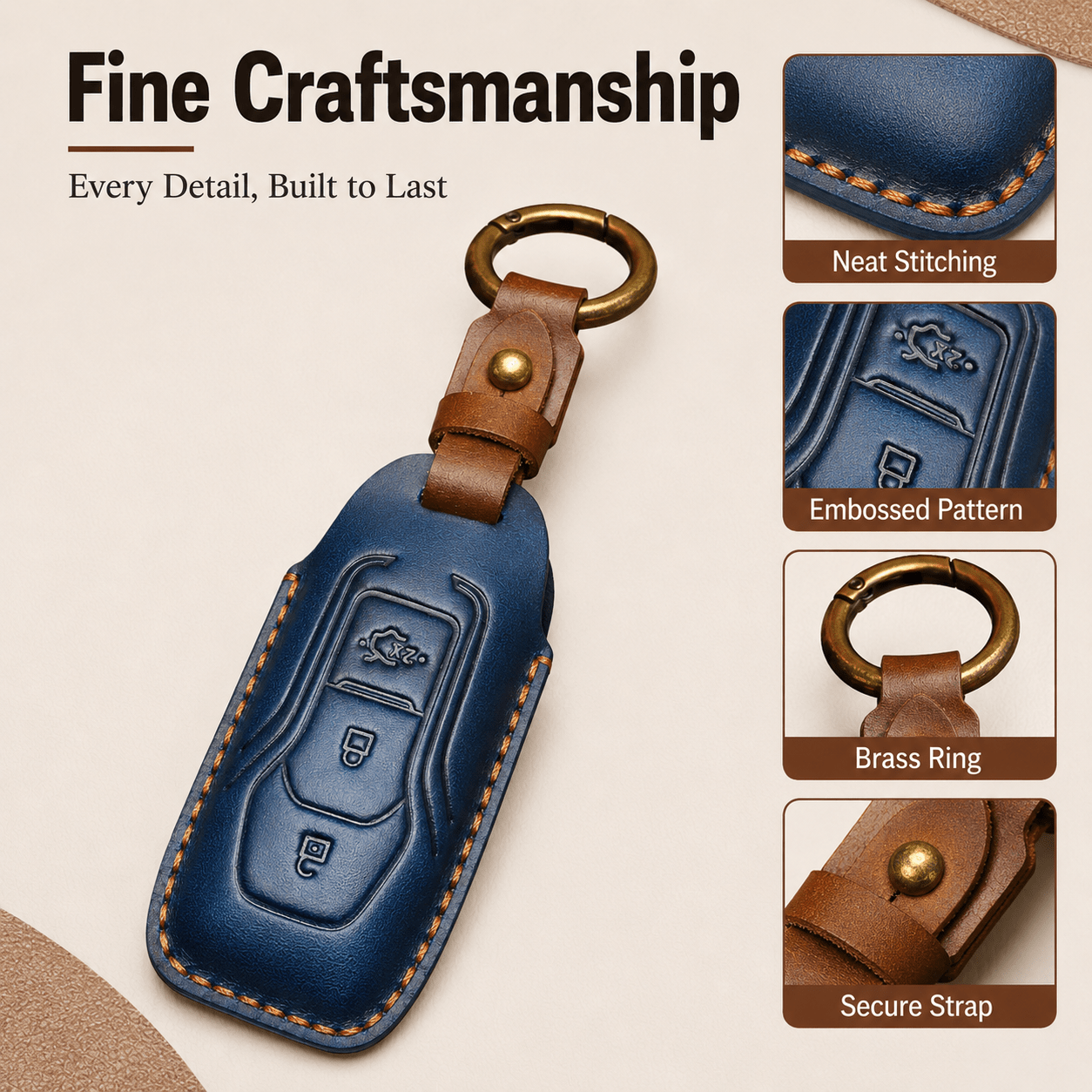 Leather Car Key Case for Ford Figo Mondeo Fiesta Ranger Kuga Fusion F150 3-Button Smart Remote Fob Cover - Image 3