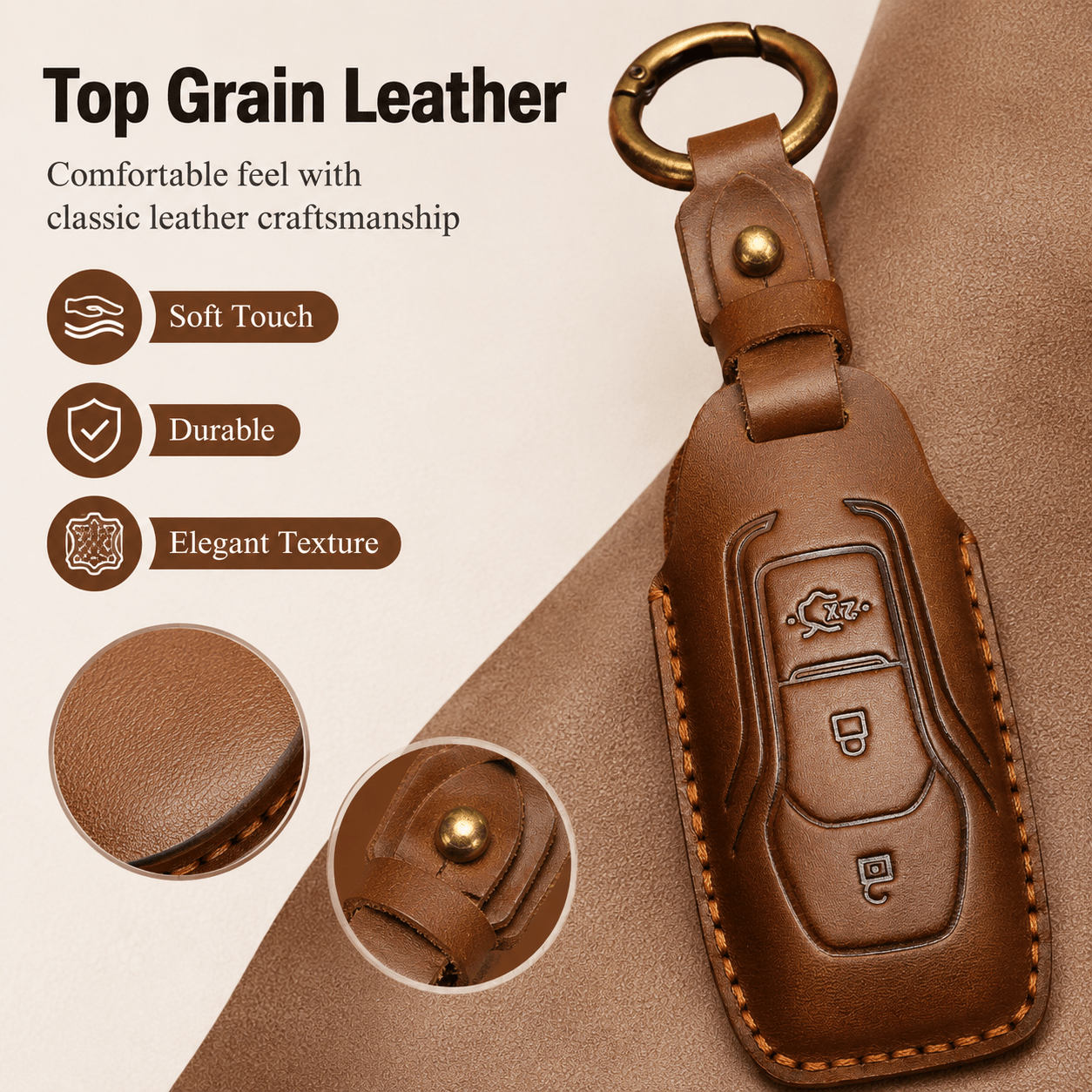 Leather Car Key Case for Ford Figo Mondeo Fiesta Ranger Kuga Fusion F150 3-Button Smart Remote Fob Cover - Image 7