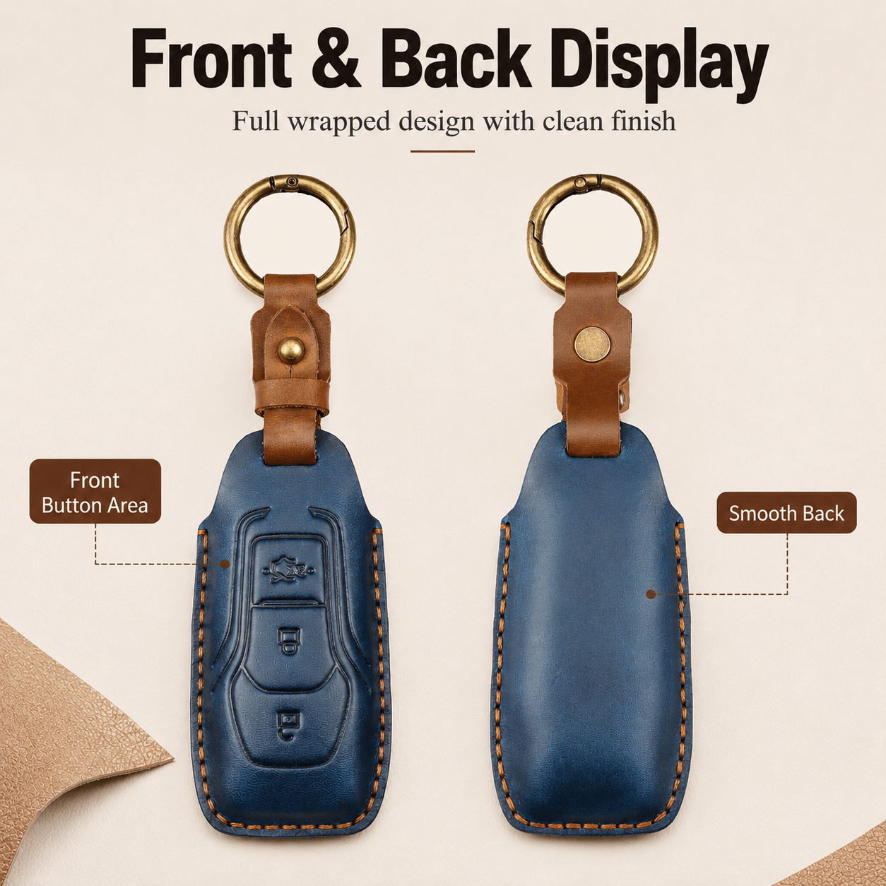 Leather Car Key Case for Ford Figo Mondeo Fiesta Ranger Kuga Fusion F150 3-Button Smart Remote Fob Cover - Image 4